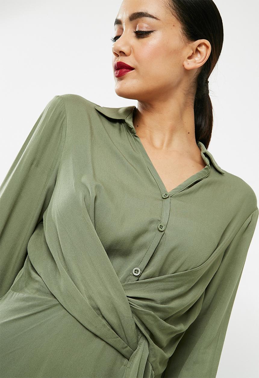 Missguided - Asymmetric knot front shirt dress - khaki