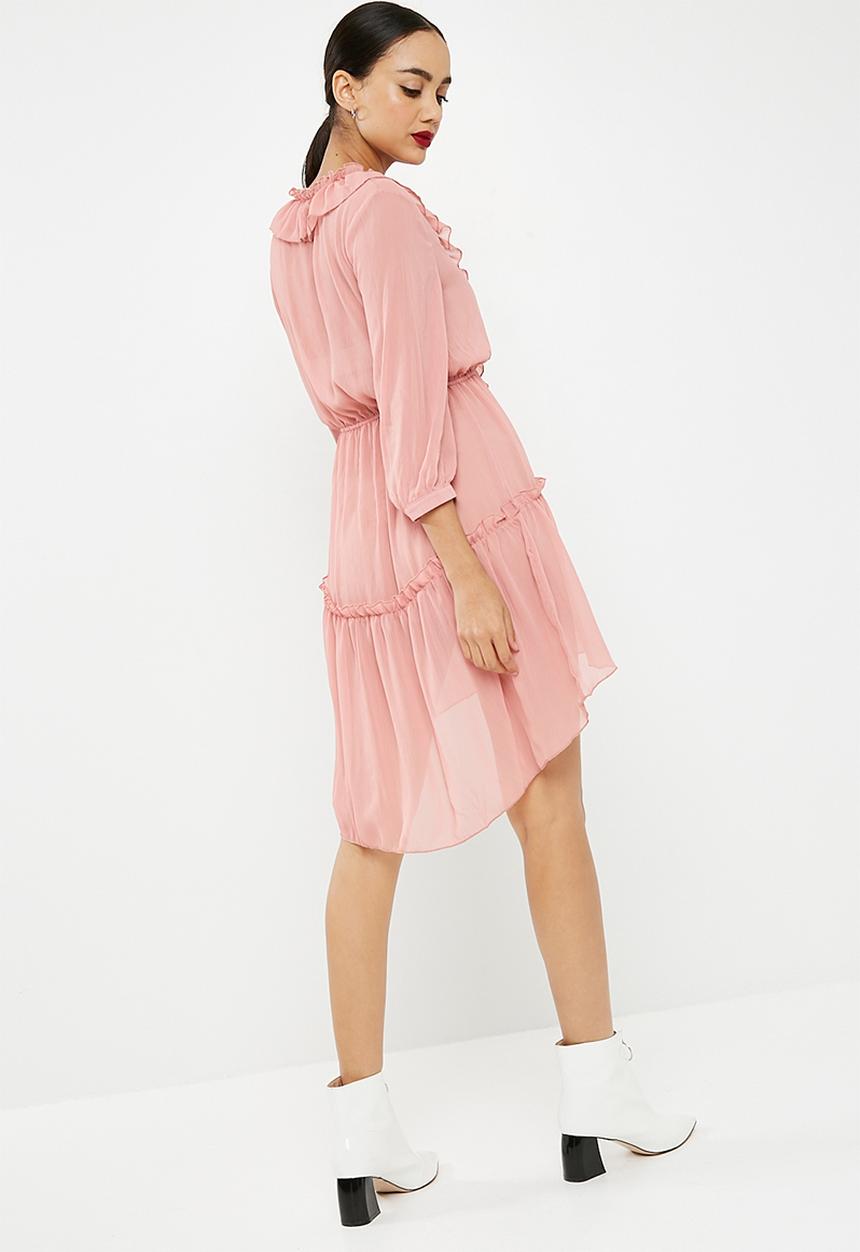 Missguided - Chiffon frill detail long sleeve dress - pink