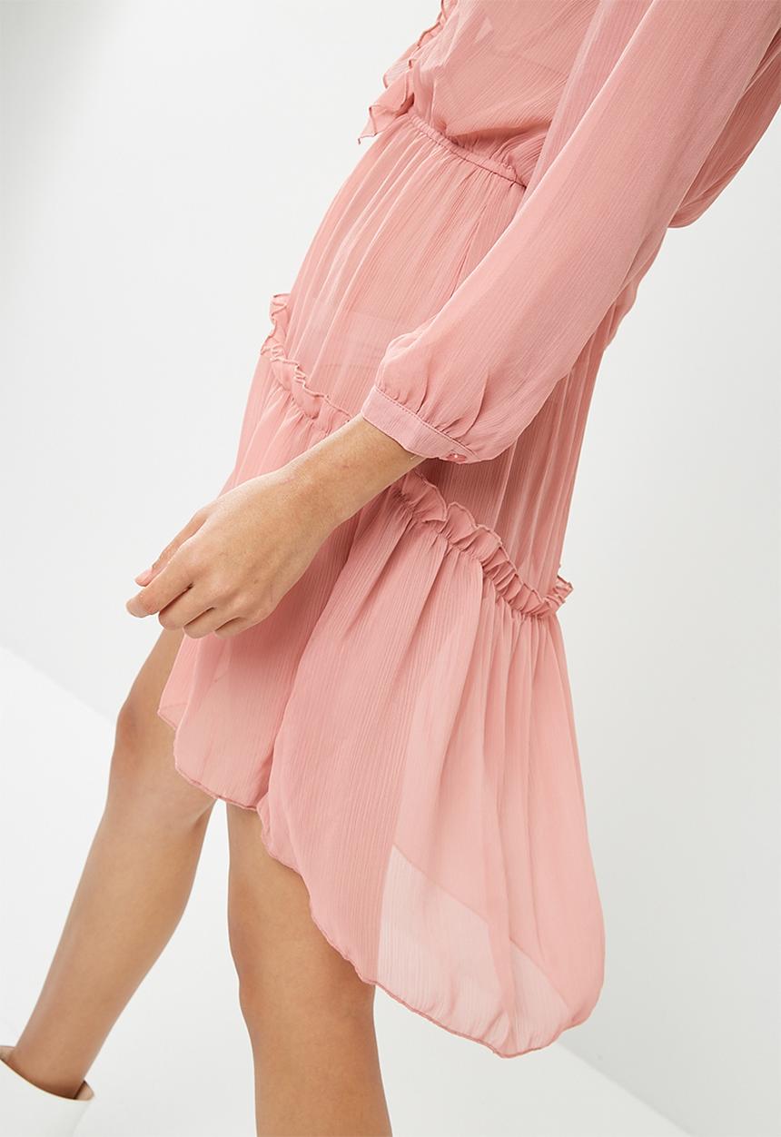 Missguided - Chiffon frill detail long sleeve dress - pink