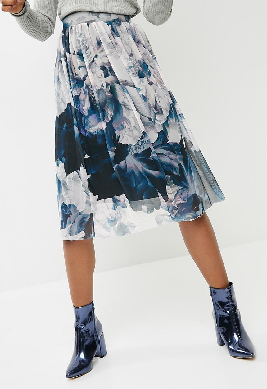 Vero Moda - Lago floral mesh midi skirt - white & blue