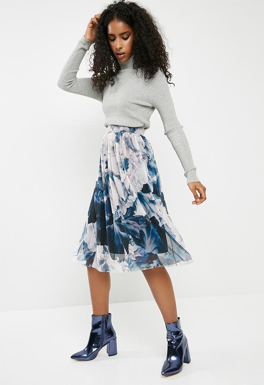 Vero Moda - Lago floral mesh midi skirt - white & blue
