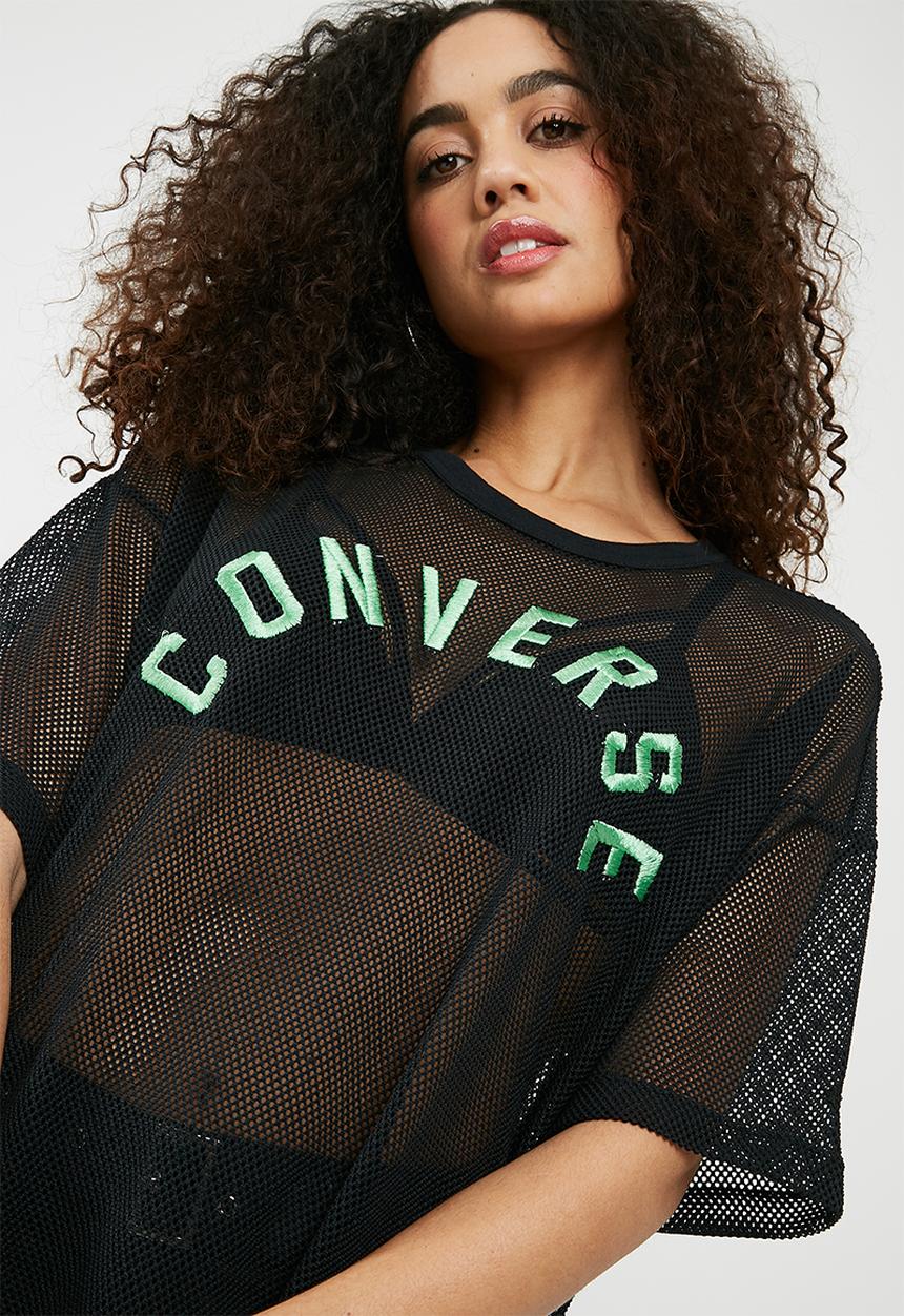 Converse - Embroidered mesh boxy tee - black