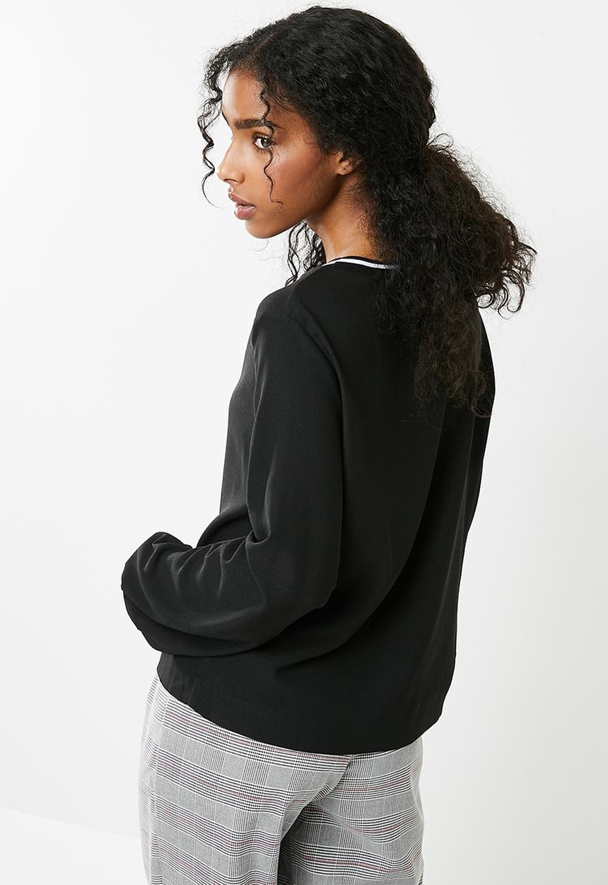 dailyfriday - Sporty rib trim blouse - black 