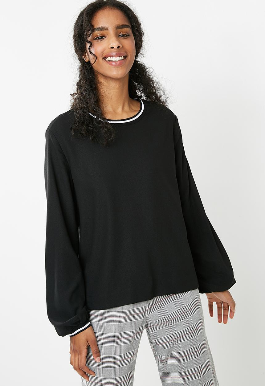 dailyfriday - Sporty rib trim blouse - black 