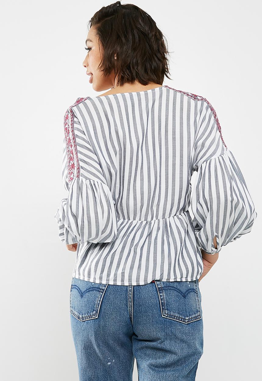 New Look - Jacob striped embroidered wrap top - blue 