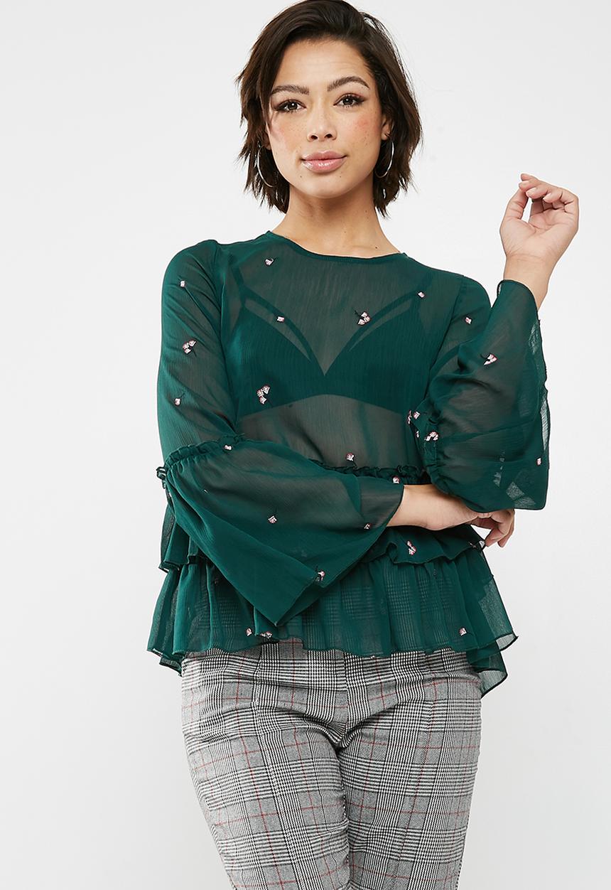 New Look - Emmet floral double peplum top - green 