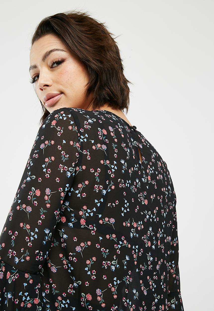 New Look - Sonia floral frill long sleeve top - black 