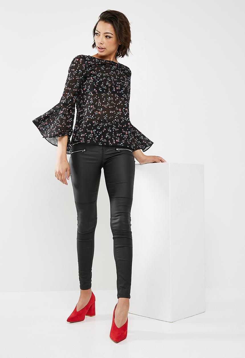 New Look - Sonia floral frill long sleeve top - black 