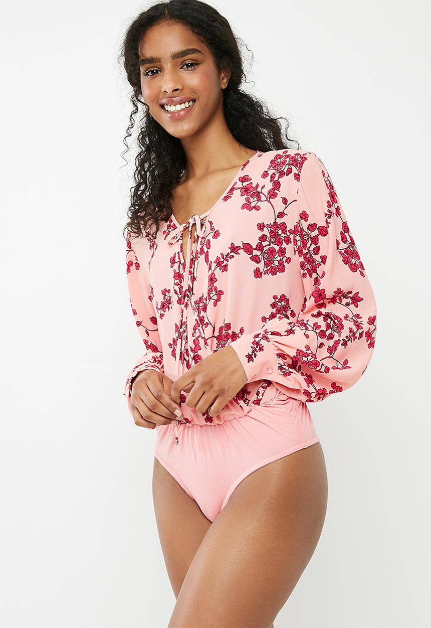 Missguided - Pink floral tie front bodysuit - pink 