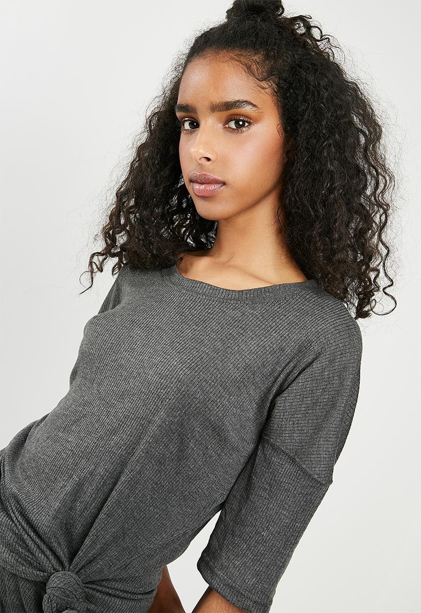 Missguided - Ribbed short tie front lounge set - charcoal