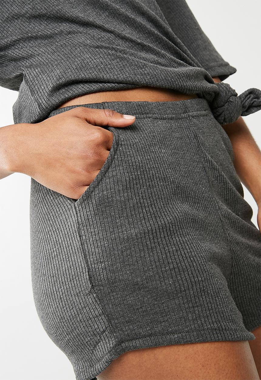 Missguided - Ribbed short tie front lounge set - charcoal