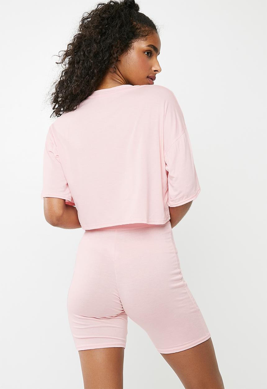 Missguided - Oversized slogan print cycling short pyjama set - pink 