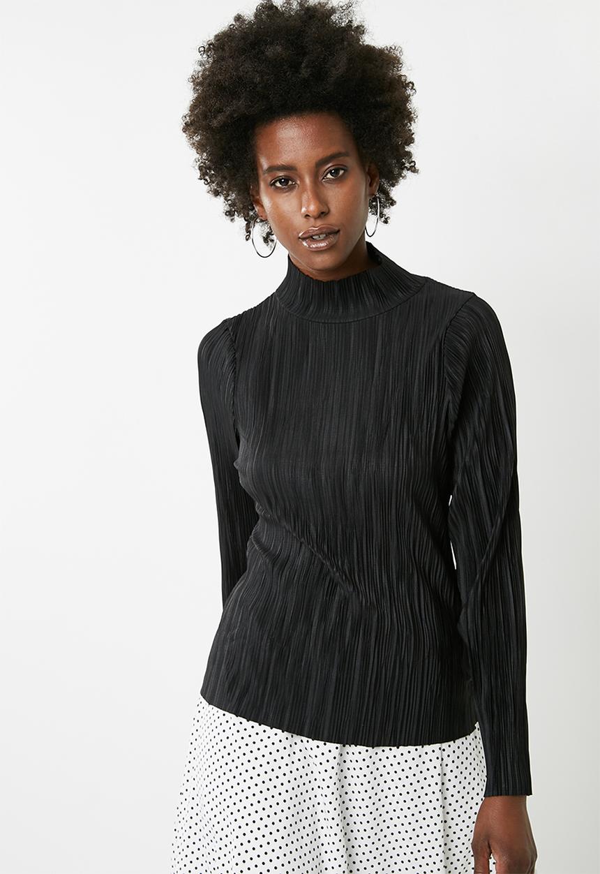 Vero Moda - Plissé high neck long sleeve top - black 