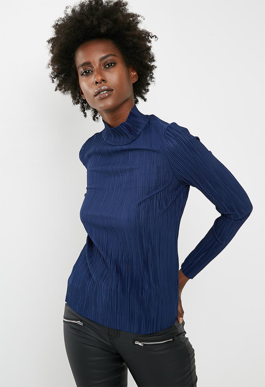 Vero Moda - Plissé high neck long sleeve top - blue 