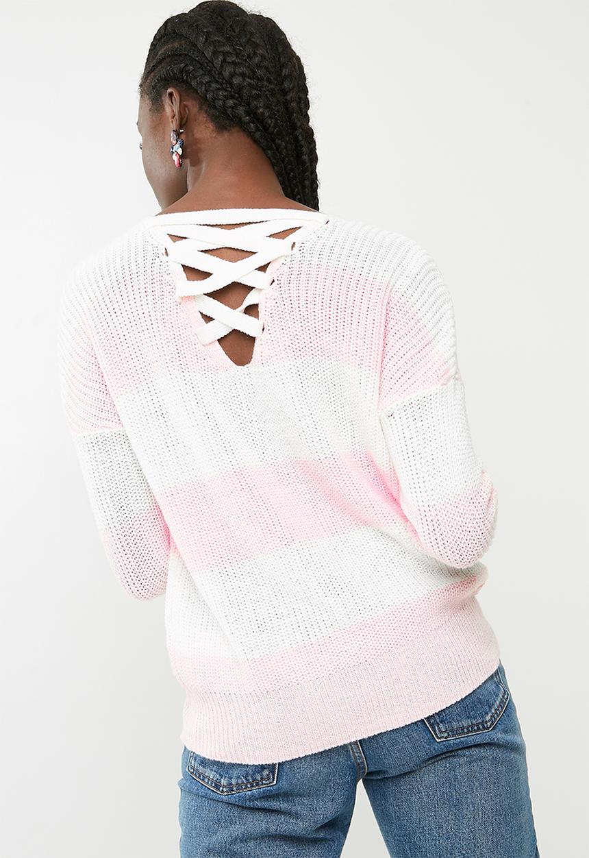 ONLY - Peyton lace up pullover knit - pink & white 