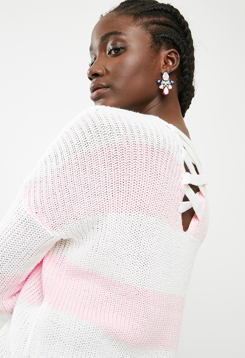 ONLY - Peyton lace up pullover knit - pink & white 