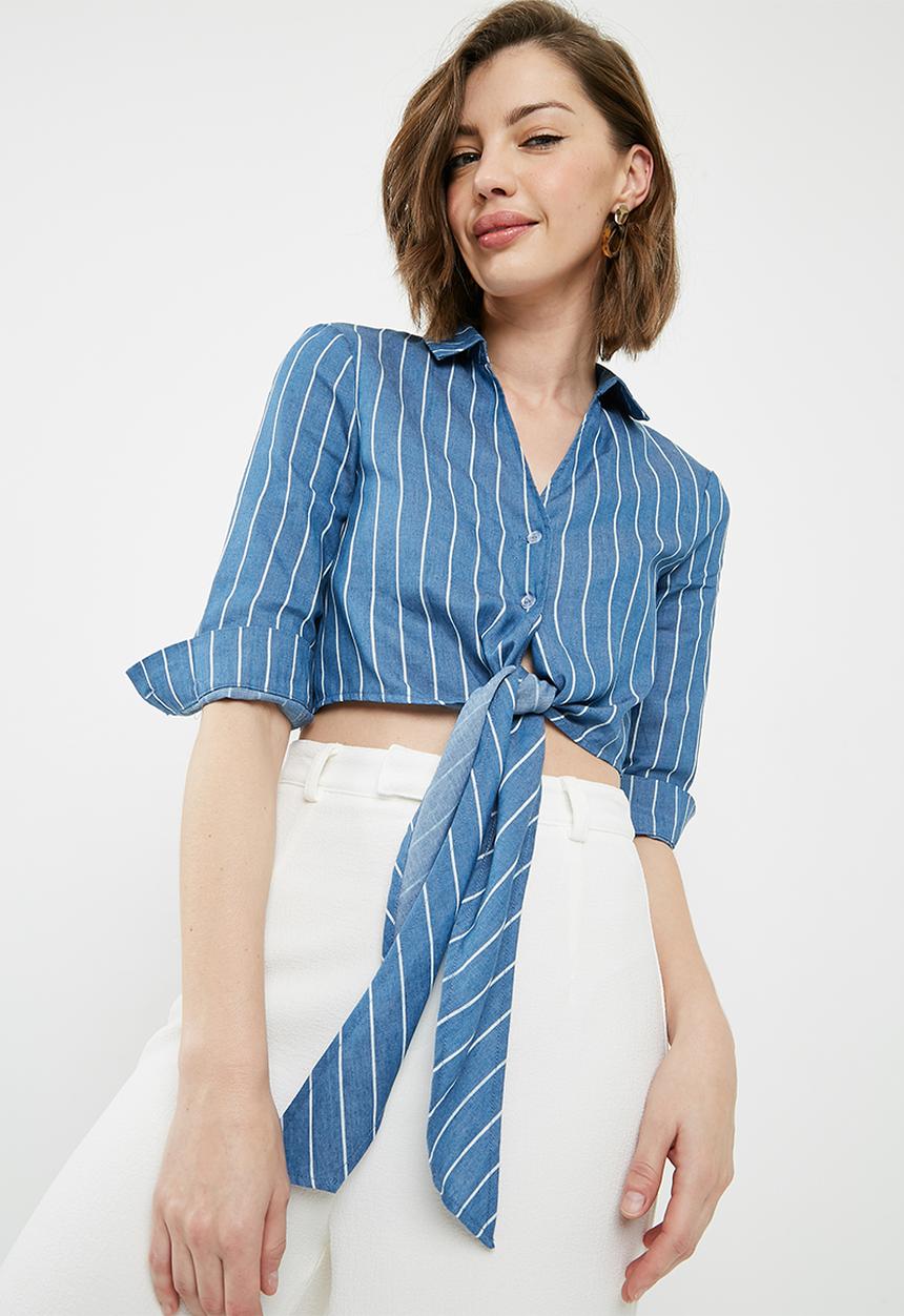 Missguided - Striped tie front shirt - blue & white