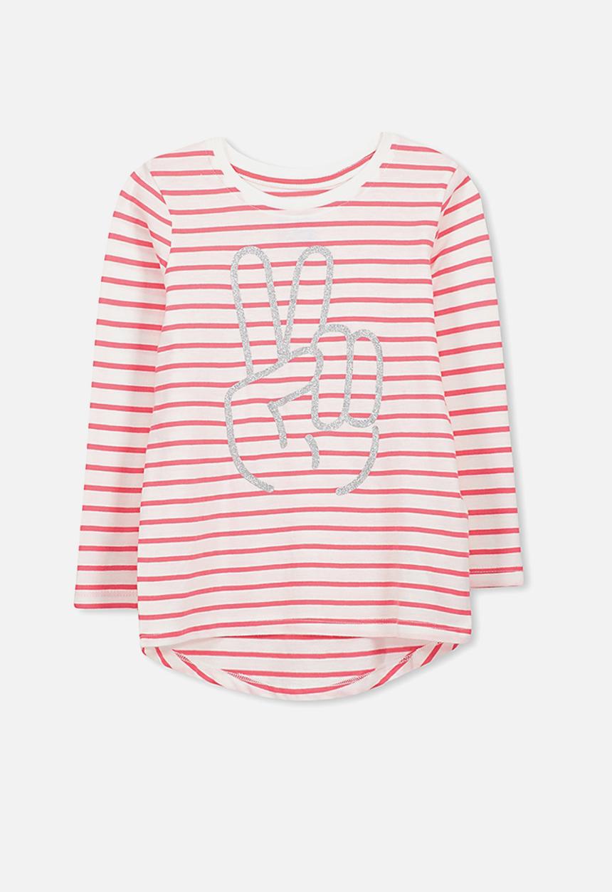 Cotton On - Kids Penelope long sleeve curved hem - red & white