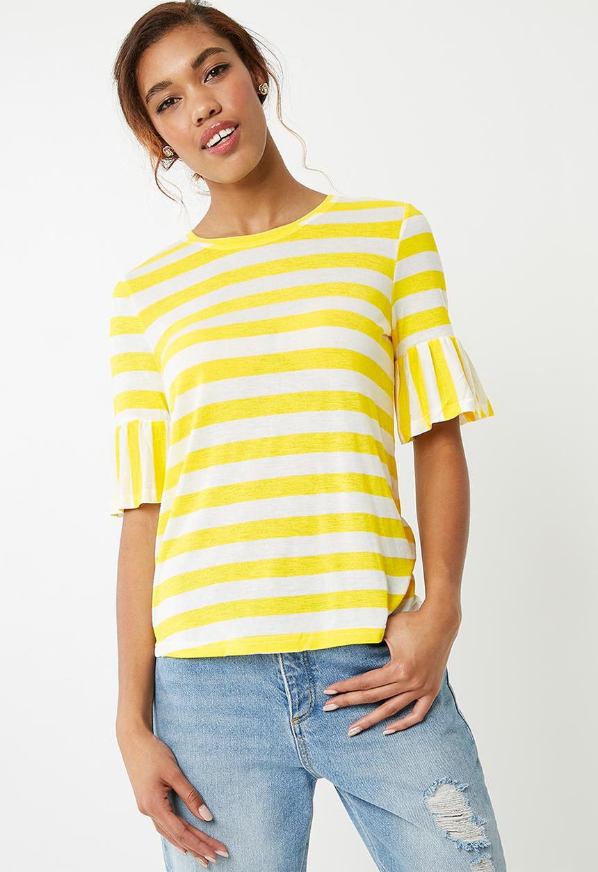 Noisy May - Heather short sleeve  frill top - yellow & white 
