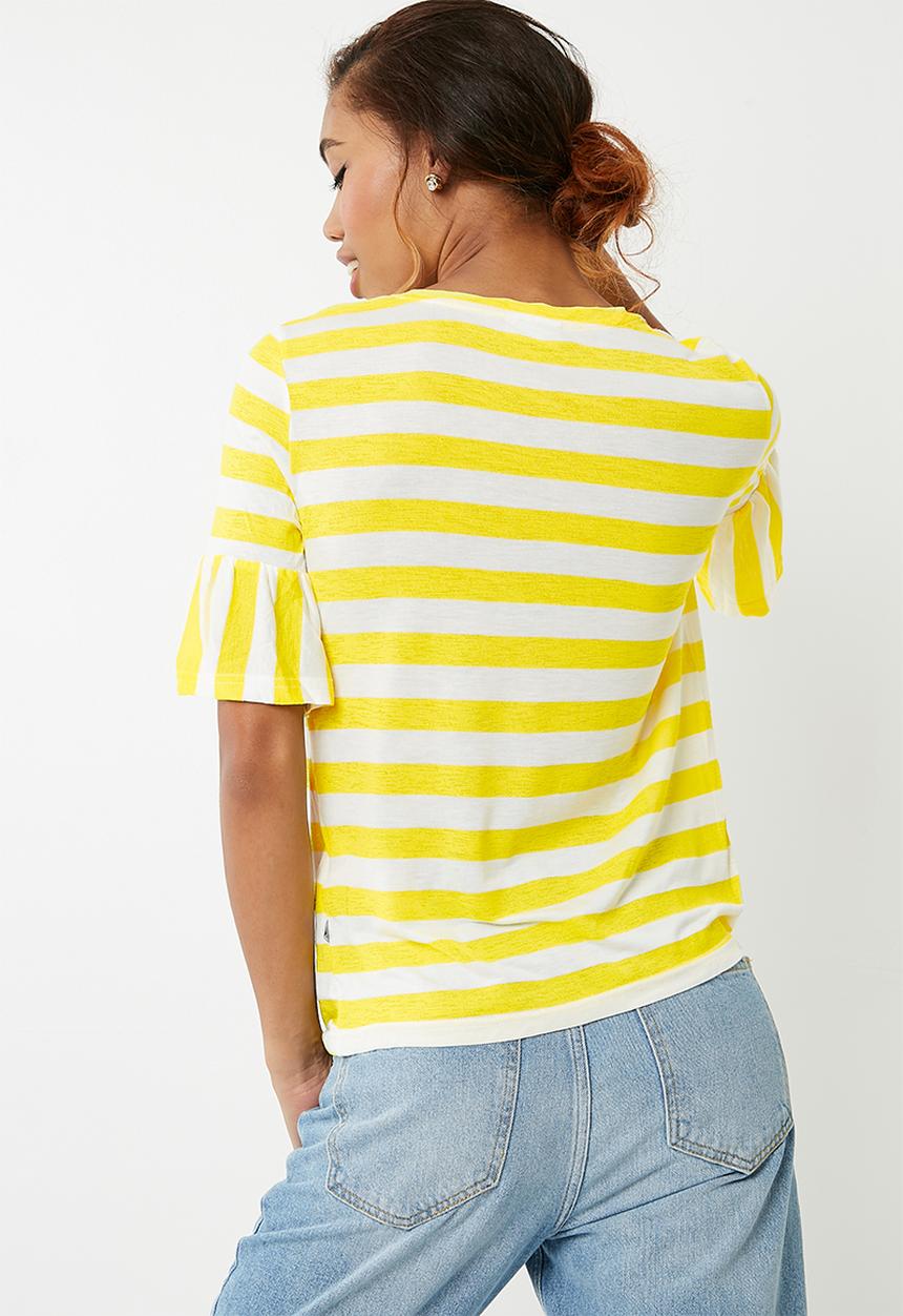 Noisy May - Heather short sleeve  frill top - yellow & white 
