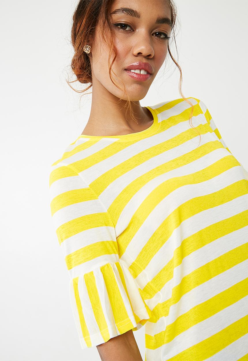 Noisy May - Heather short sleeve  frill top - yellow & white 