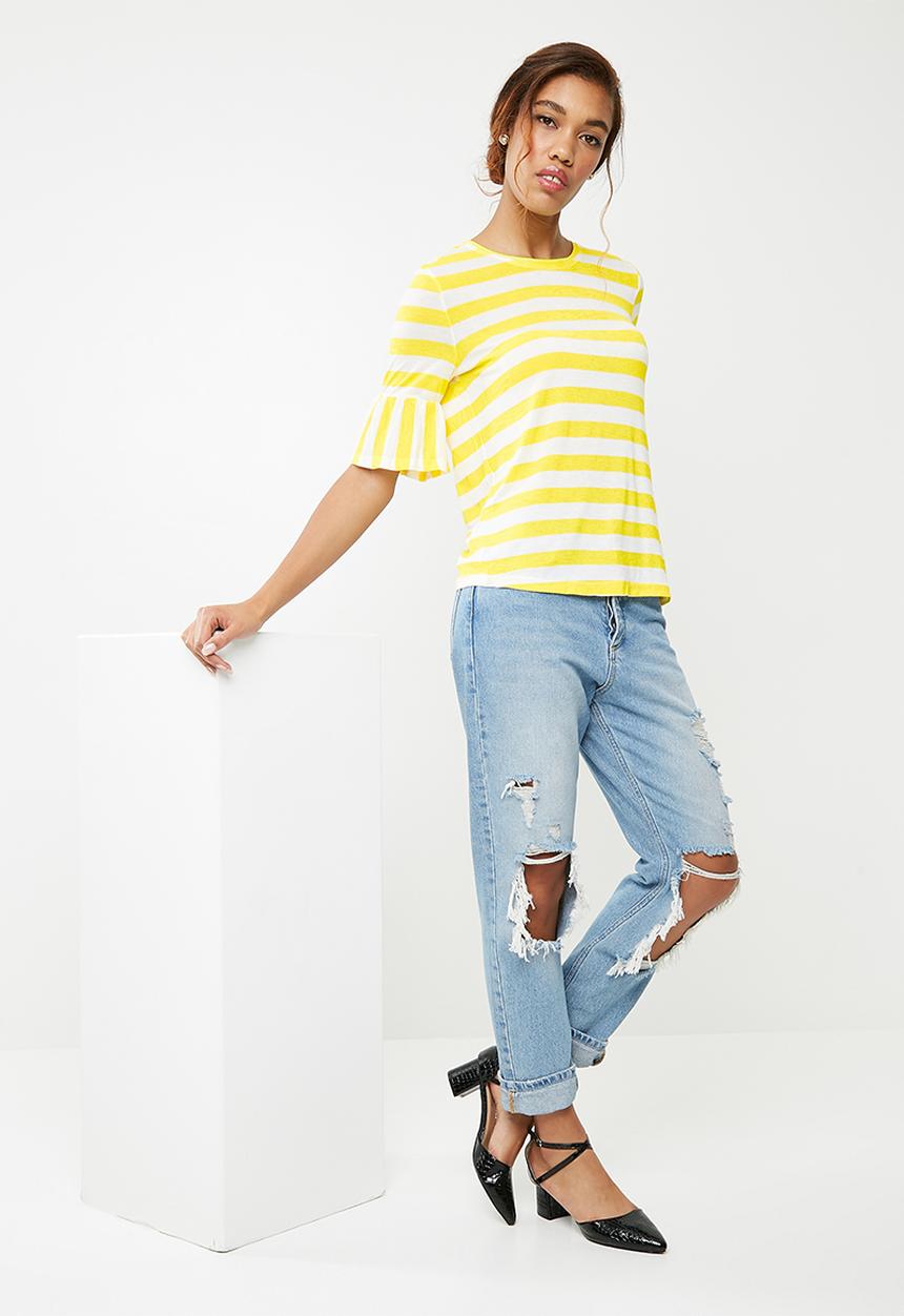 Noisy May - Heather short sleeve  frill top - yellow & white 