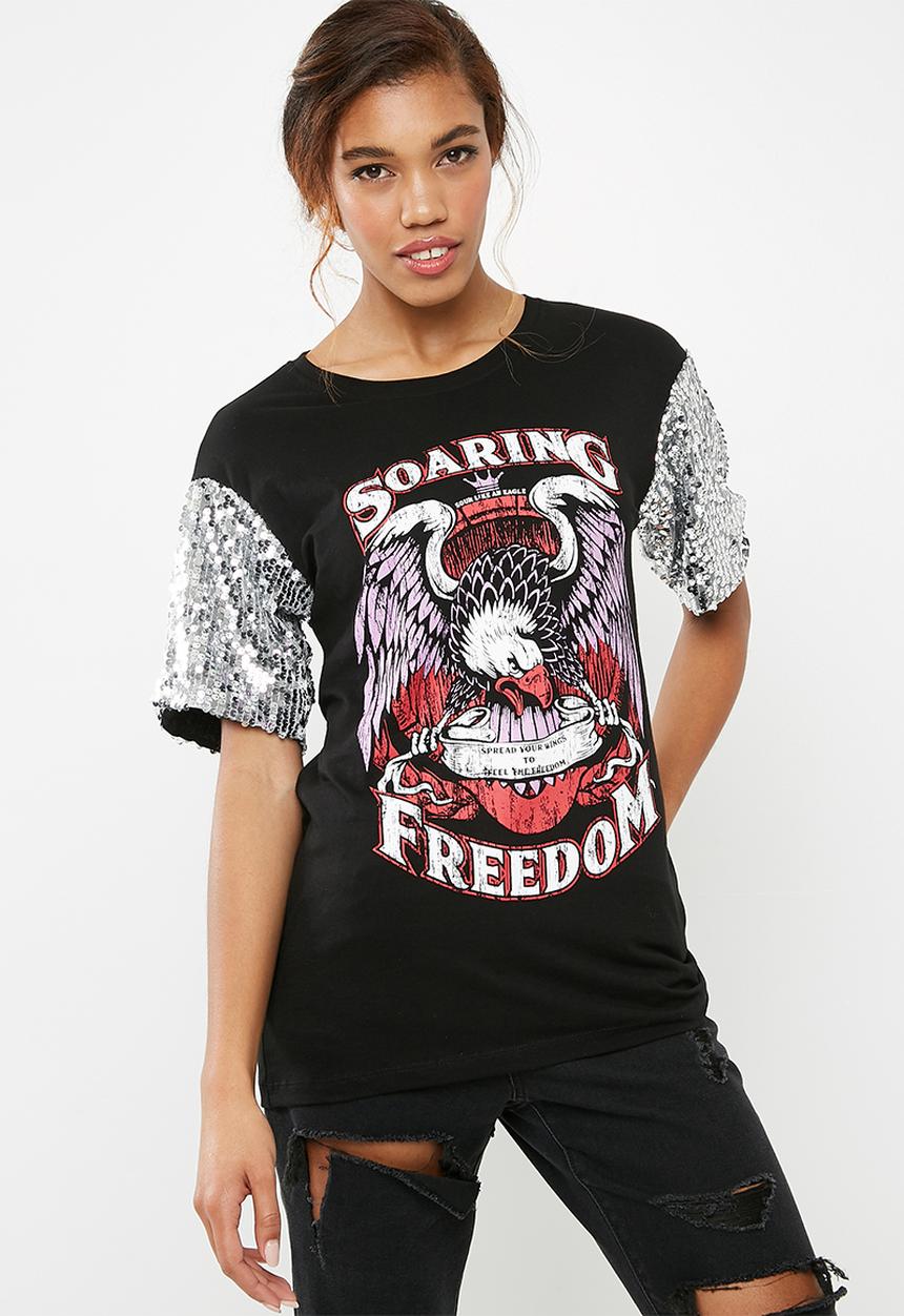 Noisy May - Sally sequin short sleeve top - black 