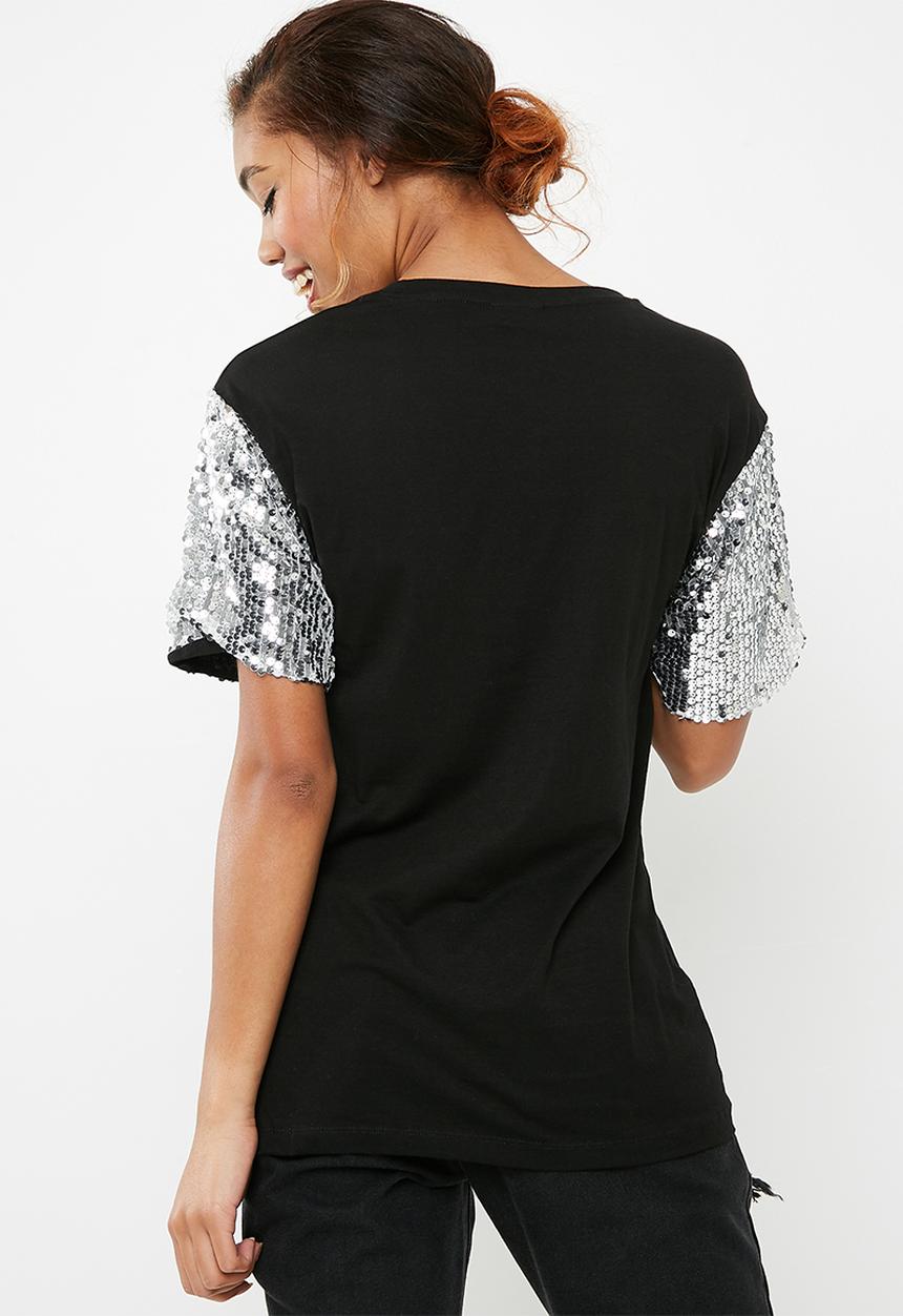 Noisy May - Sally sequin short sleeve top - black 