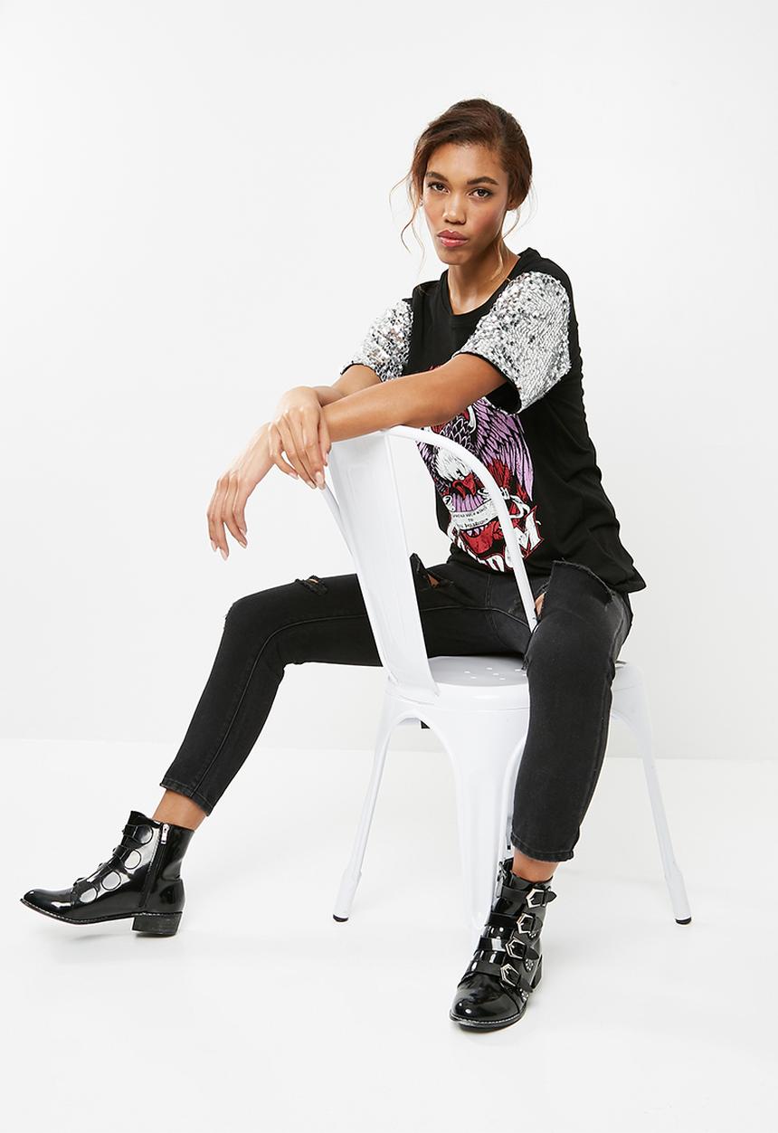 Noisy May - Sally sequin short sleeve top - black 