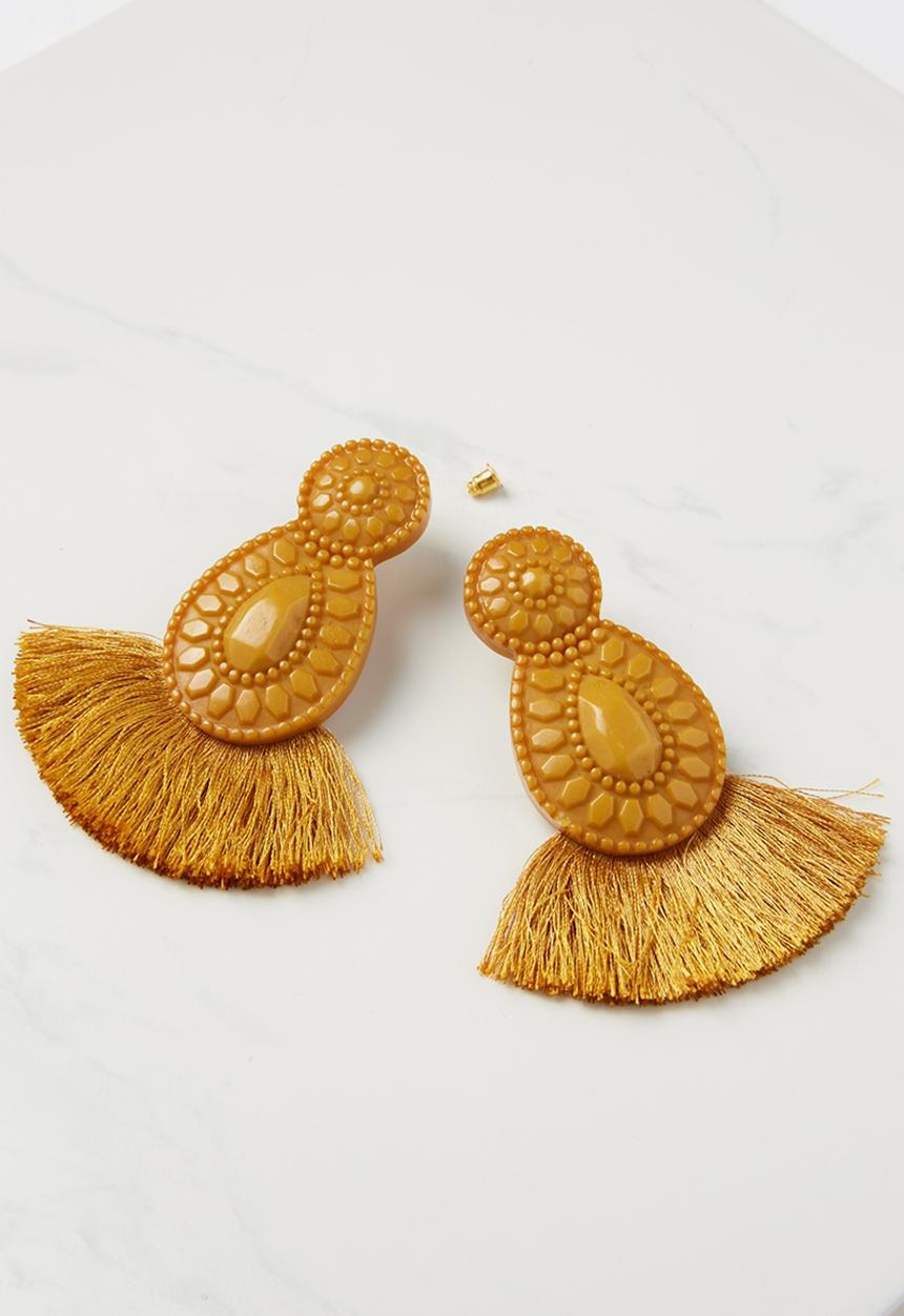Rubi - Baboshka fan tassel statement earring - yellow 