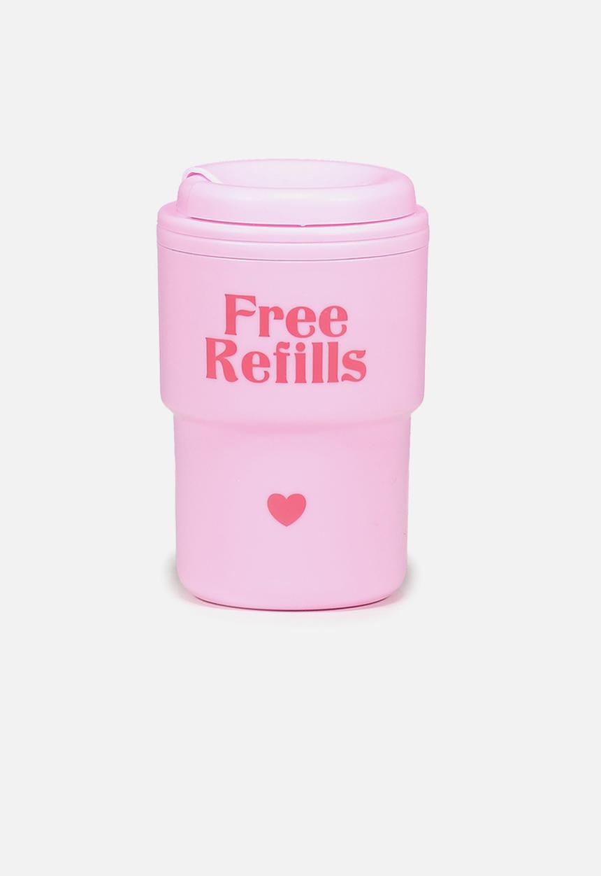 Typo - Reuse me coffee cup - free refills pink