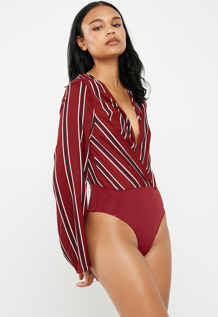 Missguided - Striped drape plunge bodysuit - burgundy