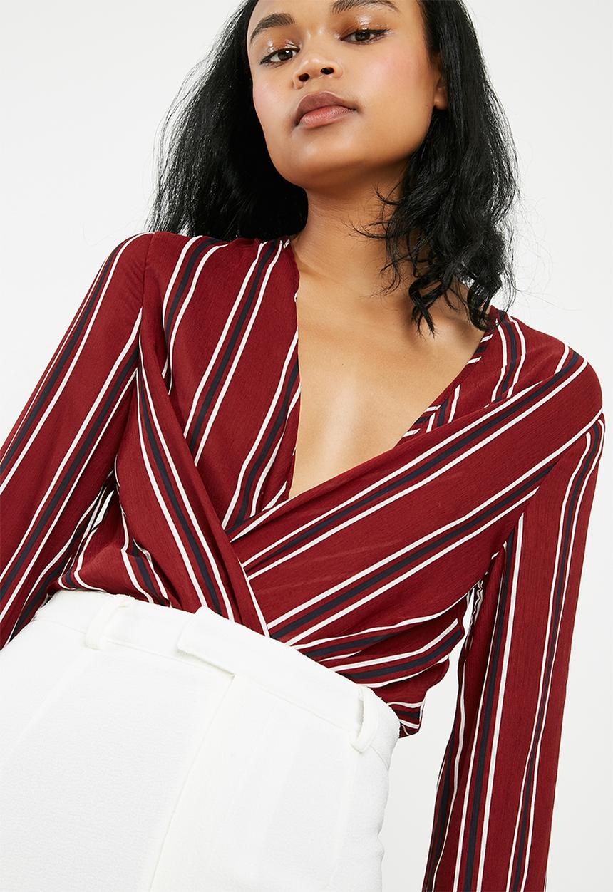 Missguided - Striped drape plunge bodysuit - burgundy