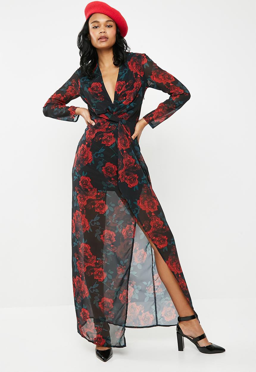 Missguided - Floral twist thigh split maxi dress - black 