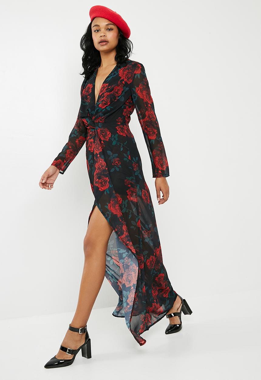 Missguided - Floral twist thigh split maxi dress - black 