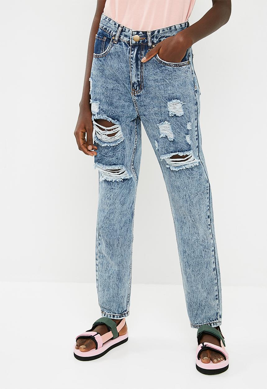 dailyfriday - Hi waist slim distressed mom jean - blue