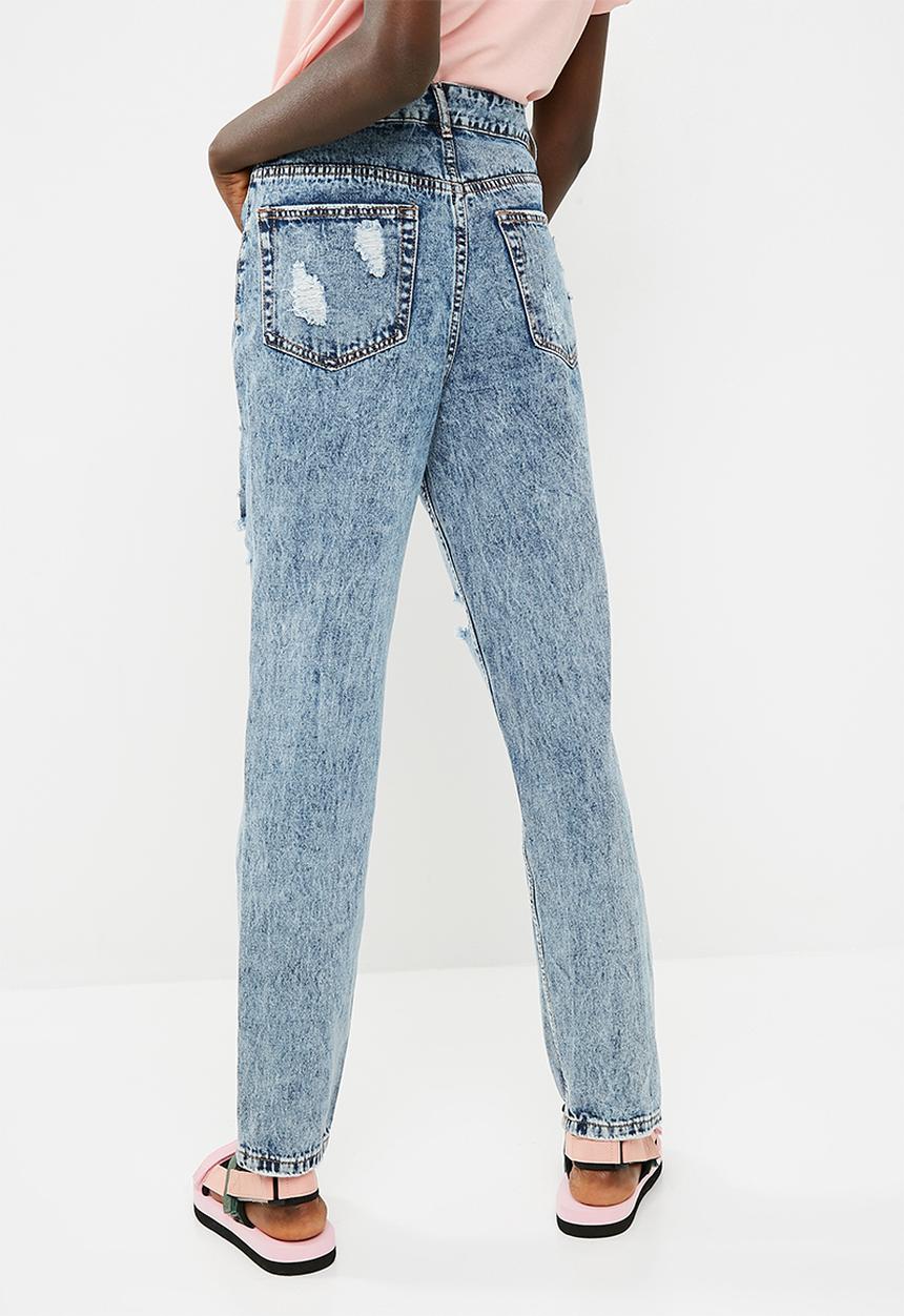 dailyfriday - Hi waist slim distressed mom jean - blue