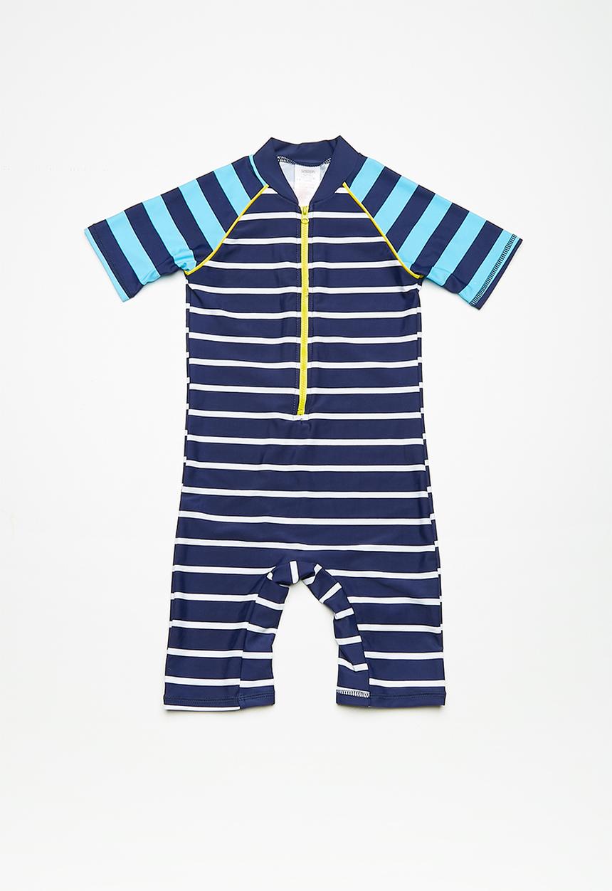 MINOTI - Kids boys blue stripe rash all in one - blue 