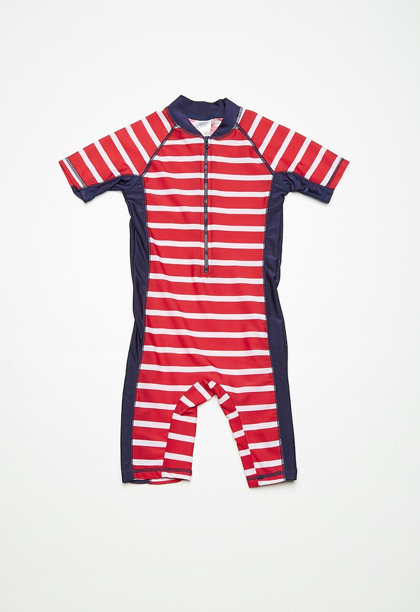 MINOTI - Kids boys red stripe rash all in one - red 