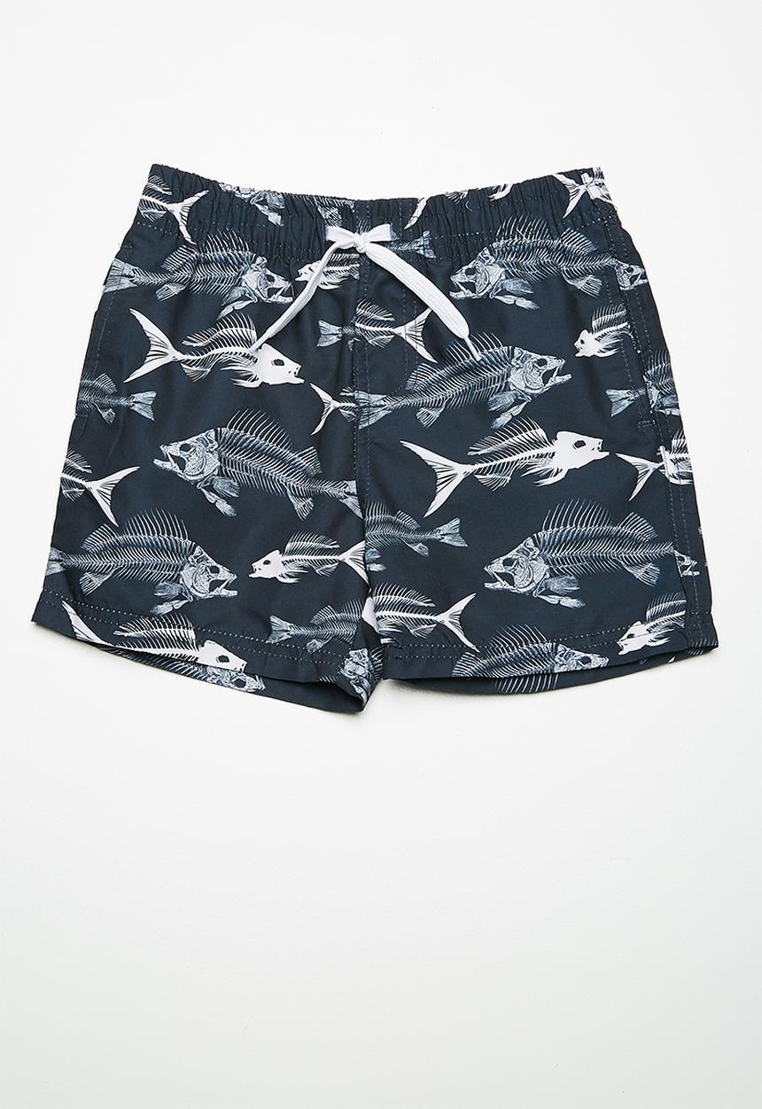 MINOTI - Kids boys AOP fish swim shorts - navy & white