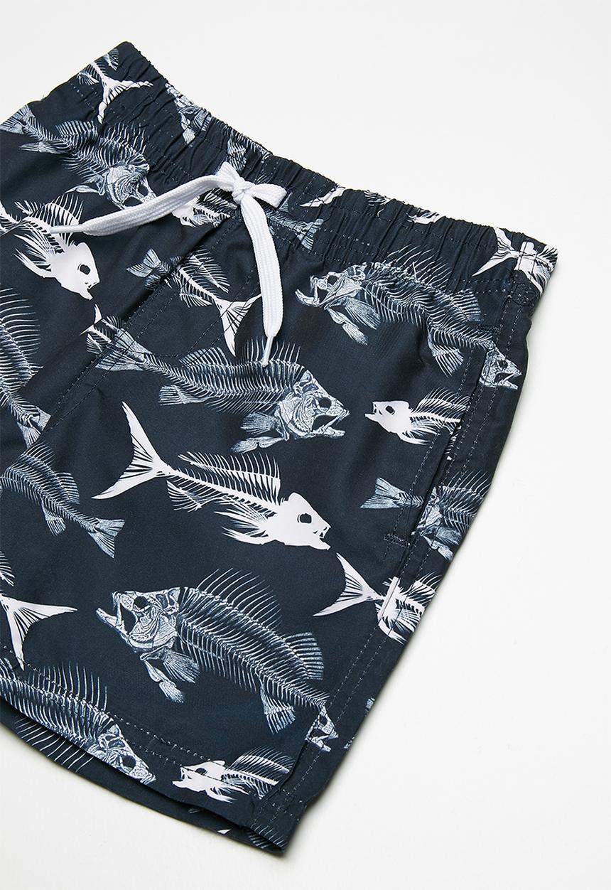 MINOTI - Kids boys AOP fish swim shorts - navy & white
