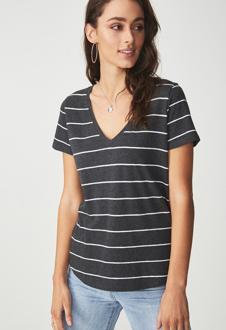 Cotton On - Deep v -wide stripe tee - charcoal
