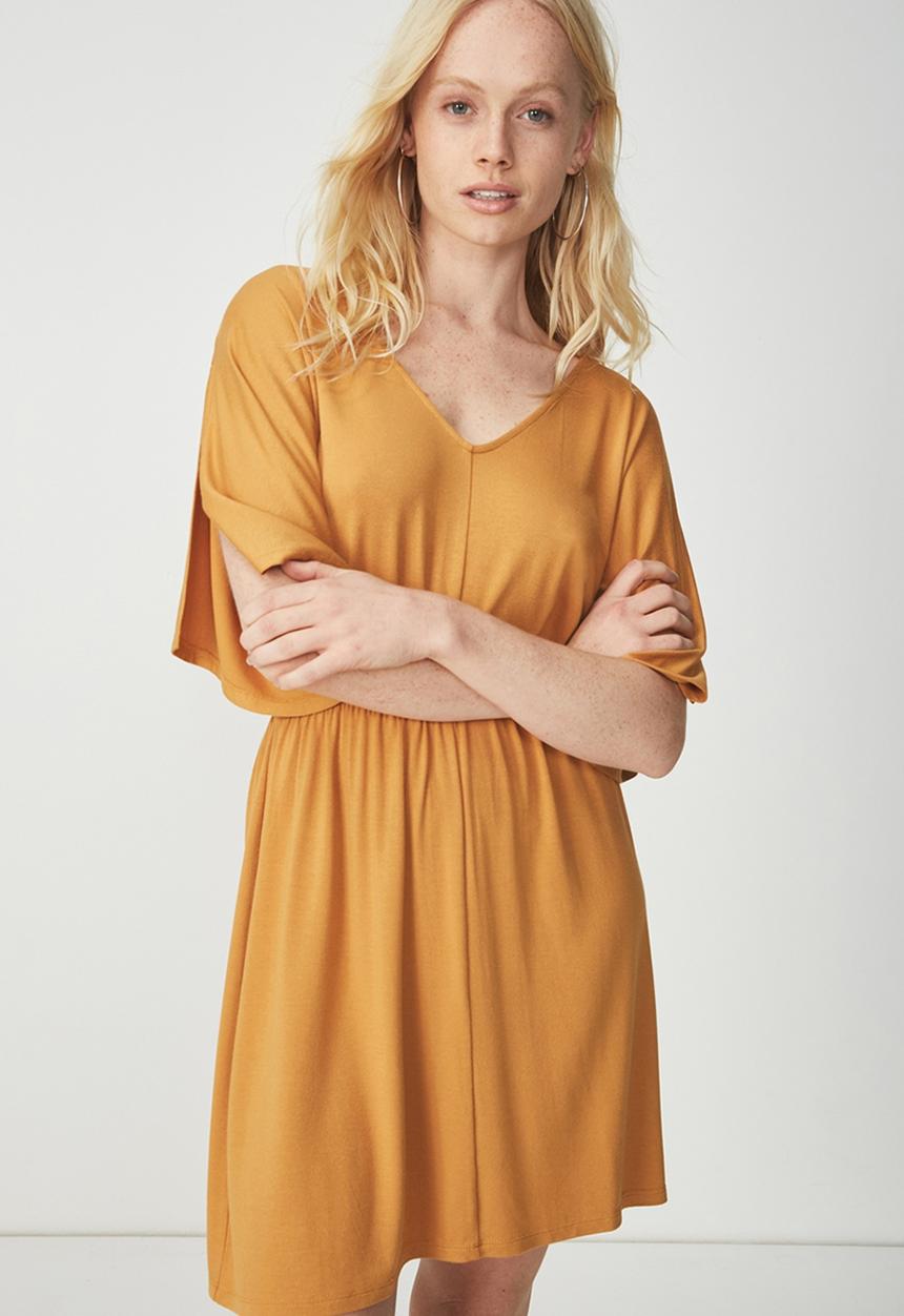 Cotton On - Reina V-neck fit flare dress - yellow