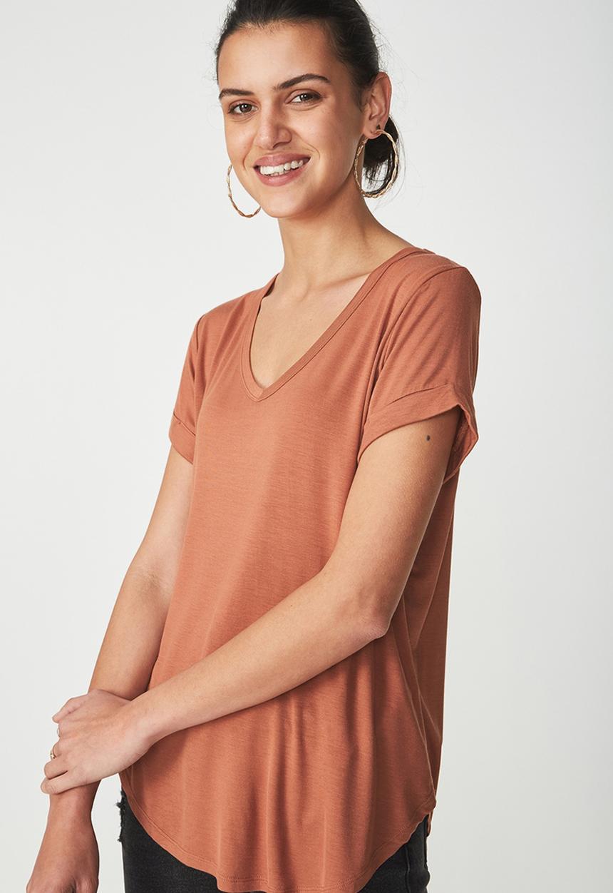 Cotton On - Karly short sleeve V-neck top - tan
