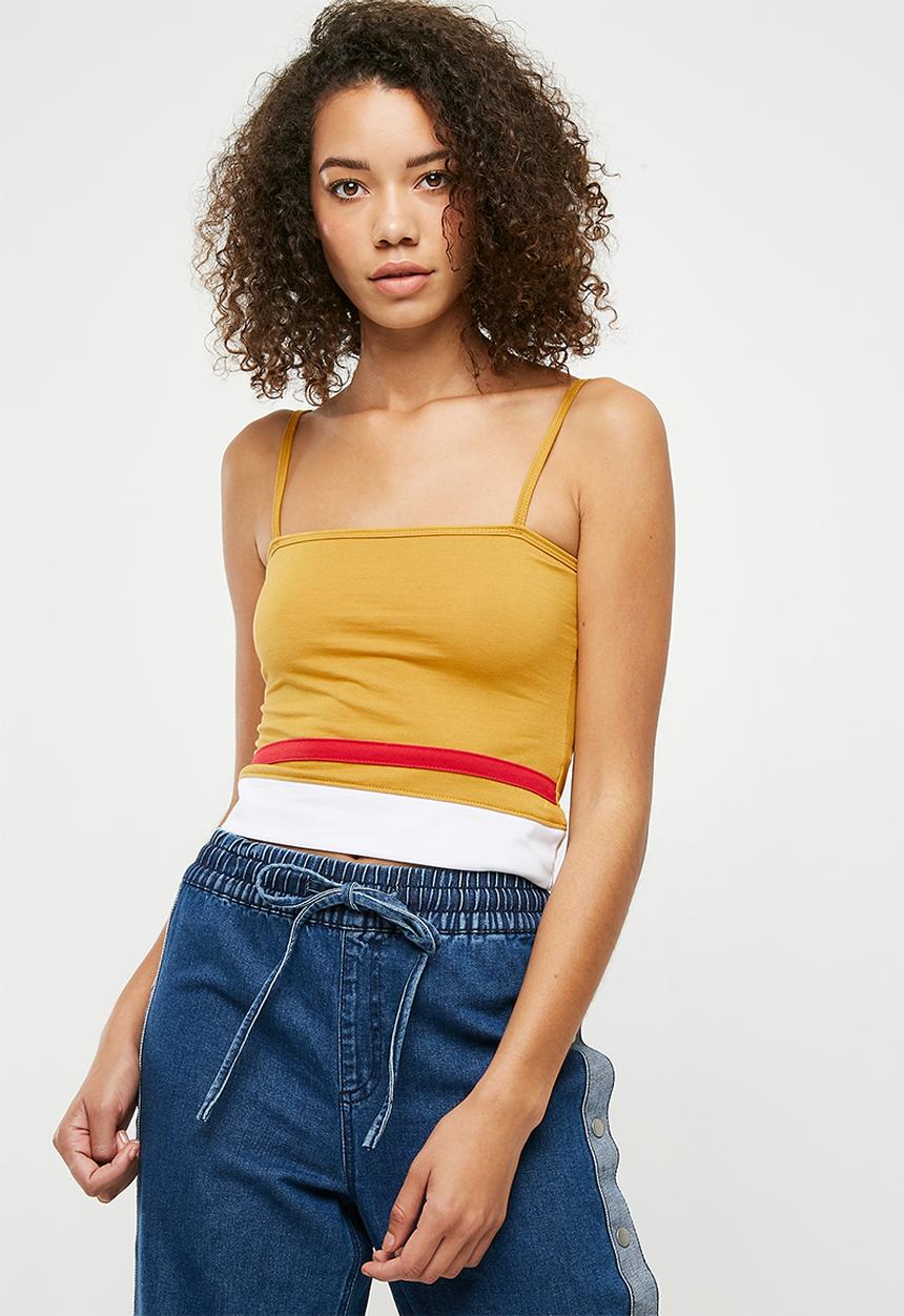 Missguided - Square neck stripe detail crop top - mustard 