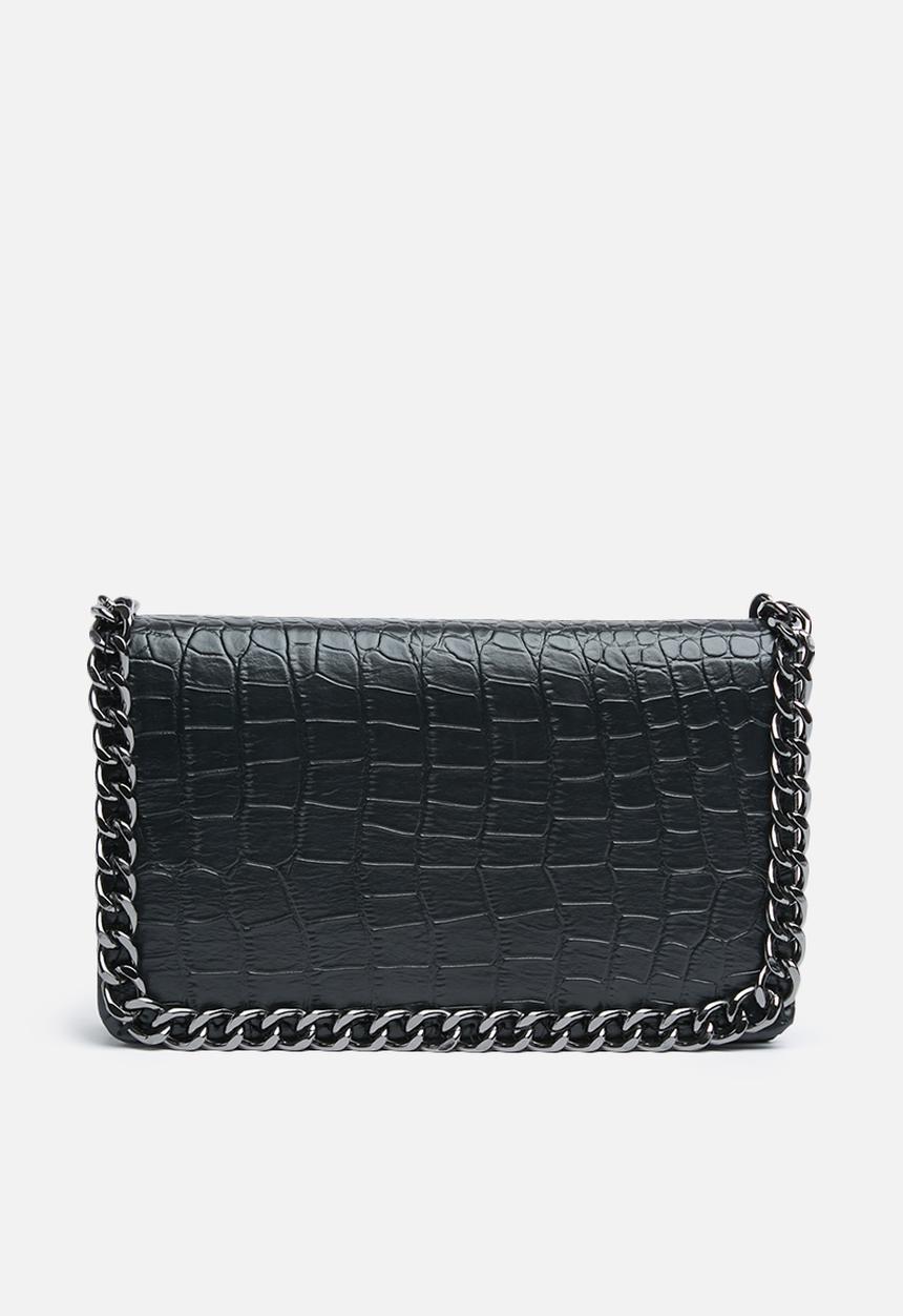 Missguided - Chain faux leather trim croc cross body bag - black