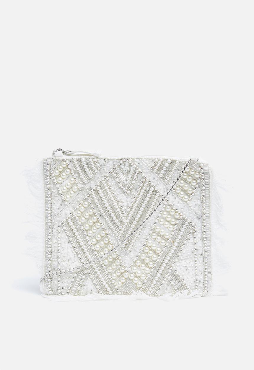 Missguided - Pearl fringe clutch bag - white 