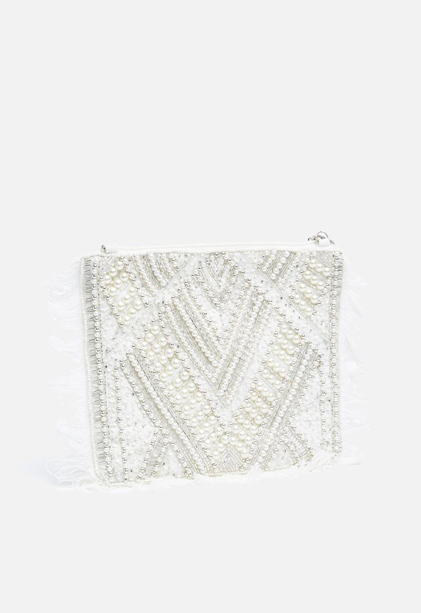 Missguided - Pearl fringe clutch bag - white 