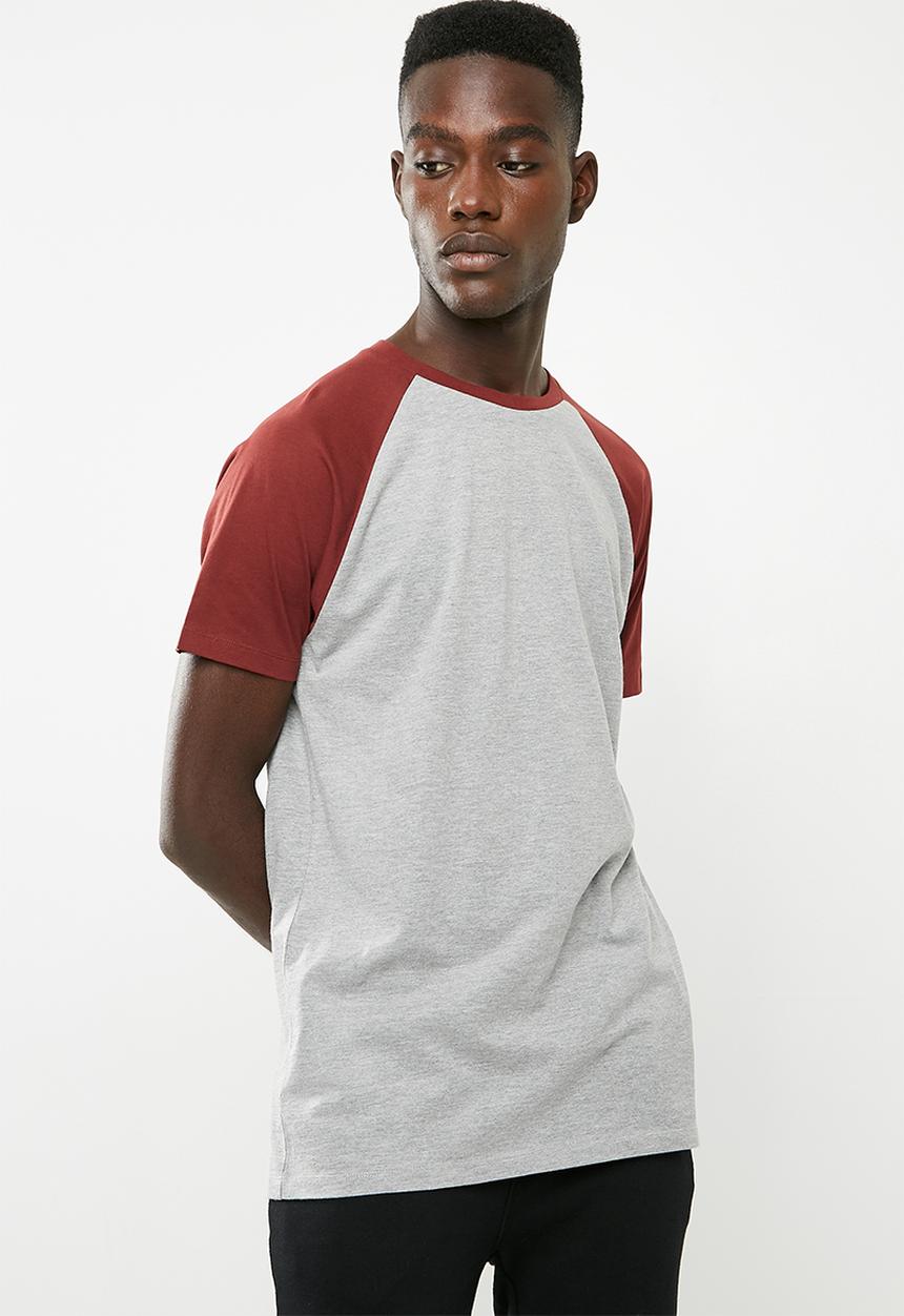 Superbalist - Short sleeve raglan crew neck tee - burgundy & grey 
