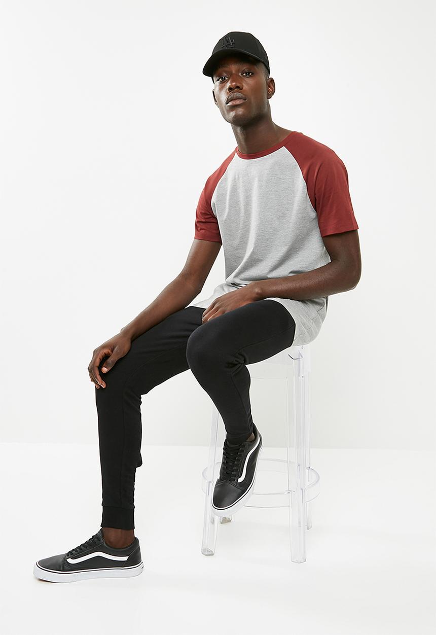 Superbalist - Short sleeve raglan crew neck tee - burgundy & grey 